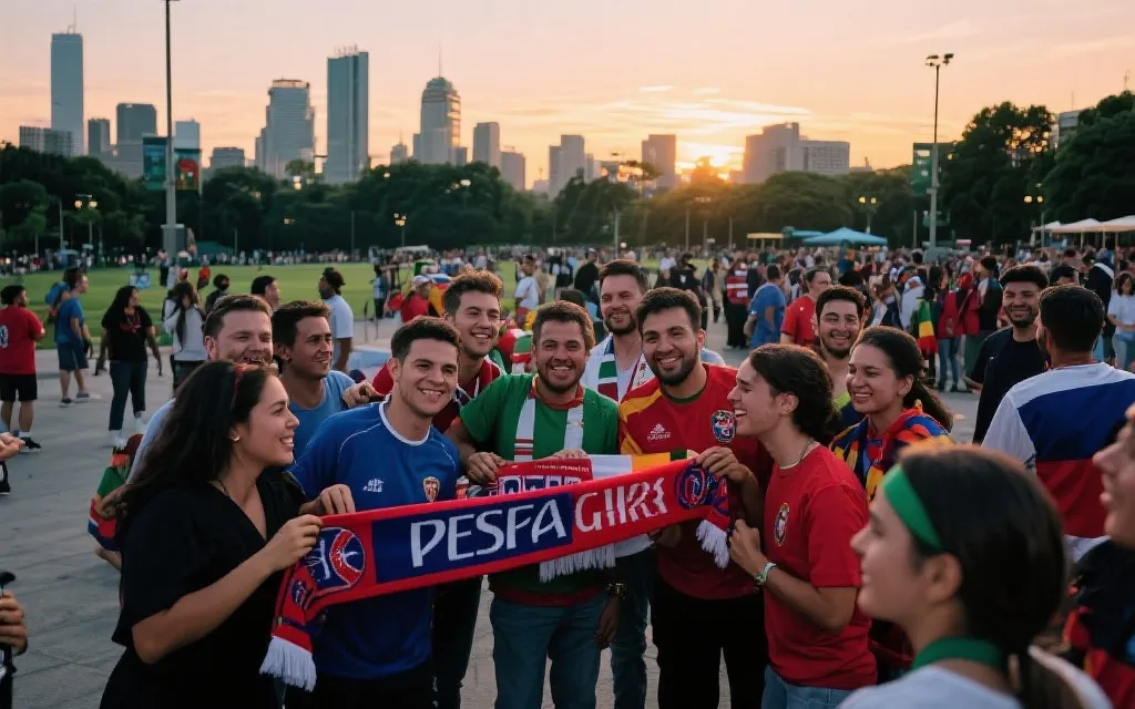 球迷公园里不同国家球迷互相合影、交换围巾、气氛友好，夕阳下的城市广场