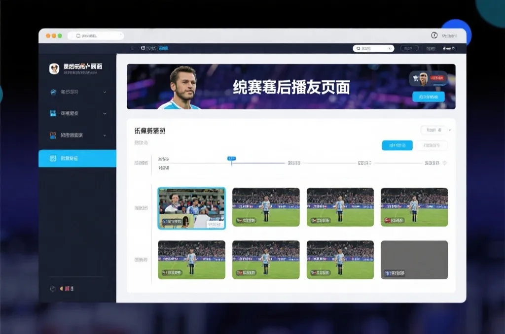 比赛结束后，电视屏幕展示集锦回放页面，旁边有时间轴和多角度切换提示